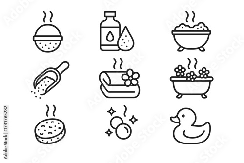 Bath Time Essentials. Line style icons of bath-time aromatherapy: bath bomb, oil soak, scented salt, wooden scoop, warm towel,