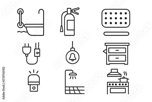Home Safety Icons. Line style icons of senior safety at home: bathroom grab bars, fire extinguisher, non-slip mat, secured cords,