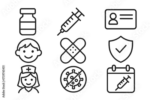 Child Vaccination Icons. Line style icons of child vaccination: vaccine vial, injection syringe, vaccination card, happy child