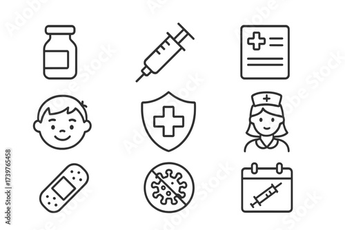 Child Vaccination Icons. Line style icons of child vaccination: vaccine vial, injection syringe, vaccination card, happy child