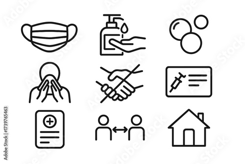 Infectious Disease Prevention Icons. Line style icons of infectious disease prevention: face mask, hand sanitizer, soap bubbles,