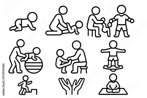 Pediatric Therapy Icons. Line style icons of pediatric physical therapy: baby crawling, leg stretch, guided walk, therapy ball,