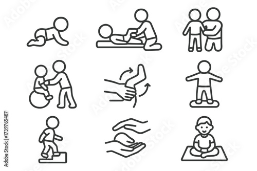 Pediatric Therapy Icons. Line style icons of pediatric physical therapy: baby crawling, leg stretch, guided walk, therapy ball,