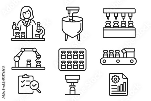 Vaccine Production Icons. Line style icons of vaccine manufacturing: pharmaceutical lab, mixing vat, sterile filling machine,