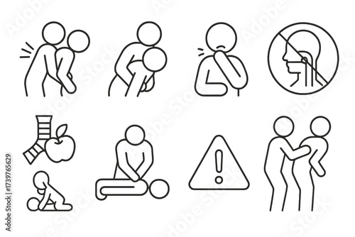 Choking First Aid Icons. Line style icons of choking first aid: back blows, abdominal thrusts, choking person icon, airway block