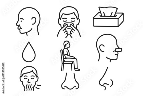 Nosebleed First Aid Icons. Line style icons of nosebleed first aid: head tilt forward, nose pinch icon, tissue pack, cold compress