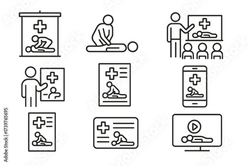 First Aid Awareness Icons. Line style icons of public first aid awareness: poster on wall, first aid drill, school workshop,
