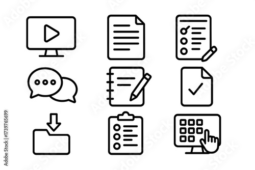 Learning Activity Icons. Line style icons of learning activities: watch video, read article, complete quiz, join discussion, take