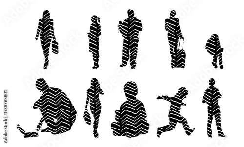 Vector illustration, Outline silhouettes of people, Contour drawing, people silhouette, Icon Set Isolated , Silhouette of sitting people, Architectural set