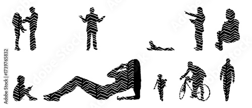 Vector illustration, Outline silhouettes of people, Contour drawing, people silhouette, Icon Set Isolated , Silhouette of sitting people, Architectural set