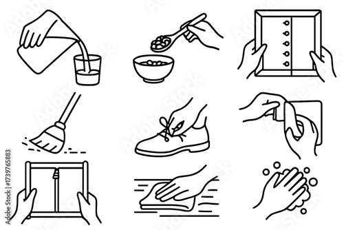 Practical Life Icons. Line style icons of practical life activities: pouring water, spooning beans, button frame, sweeping floor,