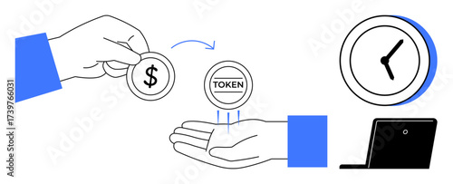 Hand exchanging dollar coin for token, clock, and laptop representing payment, tokenization, trade, time value, productivity, finance or digital economy. Ideal for businesses exchange systems