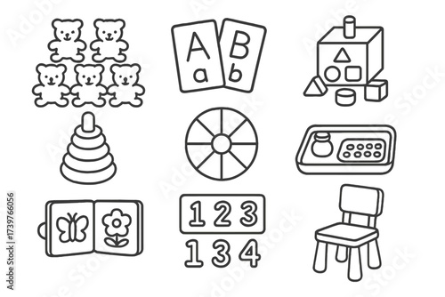 Homeschool Learning Tools. Line style icons of homeschool early learners: counting bears, letter matching, shape sorter, stacking