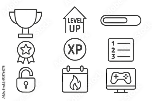 Gamified Learning Icons. Line style icons of gamified learning basics: trophy icon, level up symbol, progress bar, achievement
