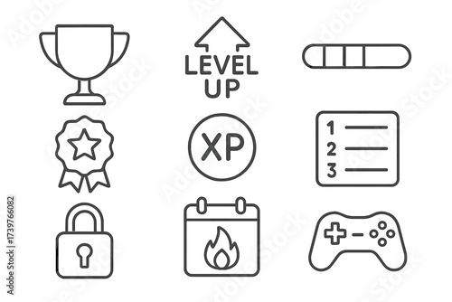 Gamified Learning Icons. Line style icons of gamified learning basics: trophy icon, level up symbol, progress bar, achievement