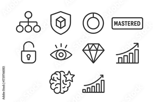 Skill Mastery Icons. Line style icons of skill mastery: skill tree diagram, badge per subject, progress ring, mastered label,