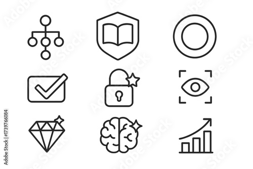 Skill Mastery Icons. Line style icons of skill mastery: skill tree diagram, badge per subject, progress ring, mastered label,