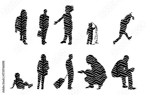 Vector illustration, Outline silhouettes of people, Contour drawing, people silhouette, Icon Set Isolated , Silhouette of sitting people, Architectural set