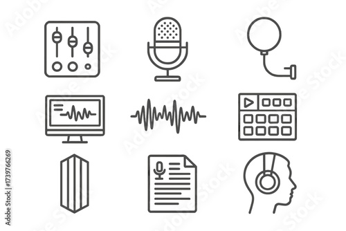Podcast Tools Icons. Line style icons of podcast production tools: audio mixer, recording mic, pop filter, editing software screen