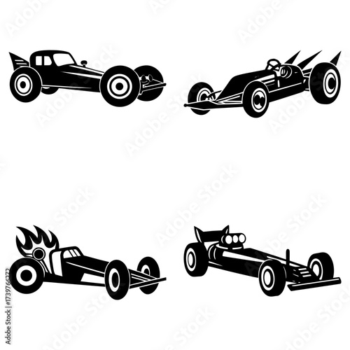 Collection of four stylized drag racing cars in black and white vector format showcasing different designs