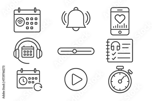 Podcast Icon Set. Line style icons of podcast time management: episode calendar, reminder alert, listening habit tracker, daily