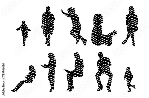 Vector illustration, Outline silhouettes of people, Contour drawing, people silhouette, Icon Set Isolated , Silhouette of sitting people, Architectural set