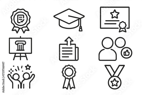 Thesis Achievement Icons. Line style icons of thesis rewards and recognition: thesis completion badge, graduation cap icon, honors