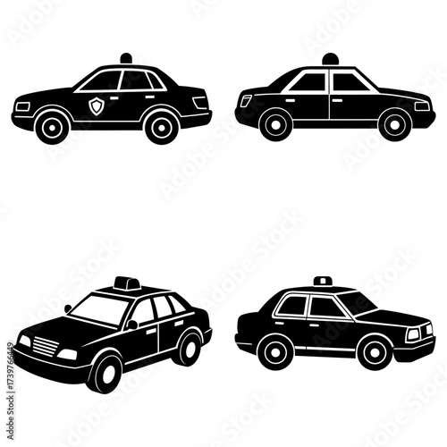 Collection of four black and white silhouette style police cars in various orientations and designs