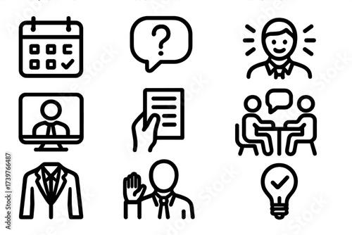 Scholarship Interview Icons. Line style icons of scholarship interview prep: interview calendar, question bubble, confident
