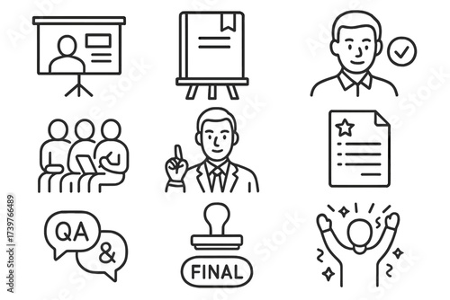 Thesis Presentation Icons. Line style icons of final thesis presentation: defense screen, thesis file on stand, advisor nodding,