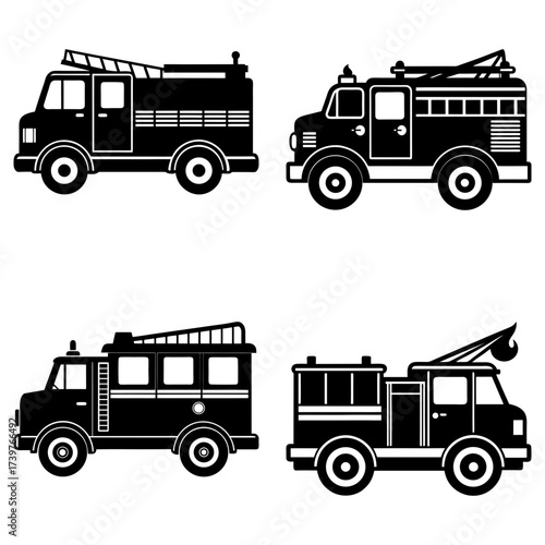 Four fire trucks in black and white silhouette with ladders and various designs on a white background