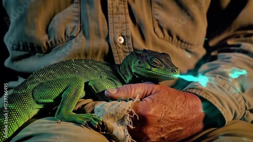 Medium Farmer’s Lap Small Glowing Dragon Curled Asleep Close Up Shimmering Breath Faint Night