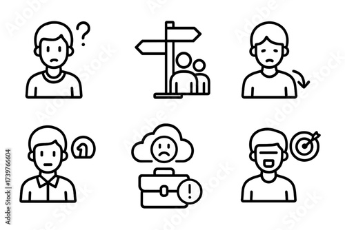 Student Career Icons. Line style icons of student career concerns: confused student icon, unsure direction sign, peer pressure