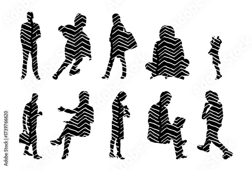 Vector illustration, Outline silhouettes of people, Contour drawing, people silhouette, Icon Set Isolated , Silhouette of sitting people, Architectural set