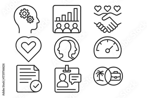 Workplace Compatibility Icons. Line style icons of workplace compatibility checks: work culture icon, team dynamics chart, values