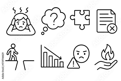 Learning Challenges Icons. Line style icons of learning difficulties: overwhelmed student icon, question cloud, concept confusion,