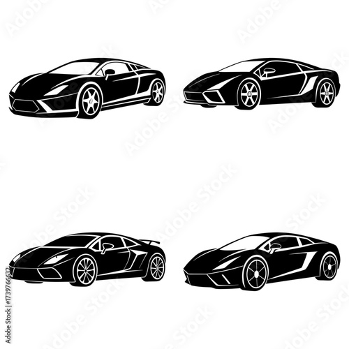 Four black sports cars displayed in a square arrangement with a white background and detailed designs