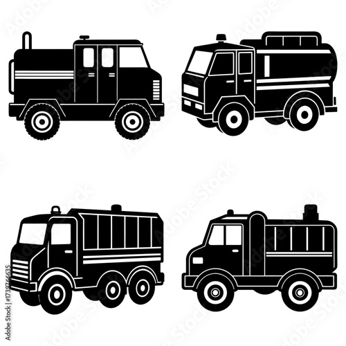 Four black and white outlined trucks with different body types and wheel configurations displayed together