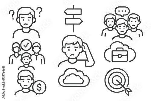 Student Career Icons. Line style icons of student career concerns: confused student icon, unsure direction sign, peer pressure