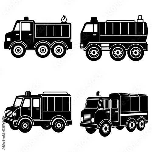 Four black and white vector illustrations of different types of fire trucks in side view on white