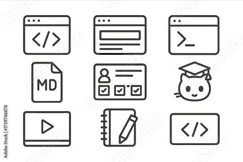 Learning Tools Icons. Line style icons of learning platforms and tools: coding IDE, browser window, terminal icon, markdown file,