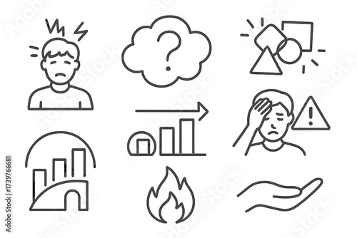 Learning Challenges Icons. Line style icons of learning difficulties: overwhelmed student icon, question cloud, concept confusion,