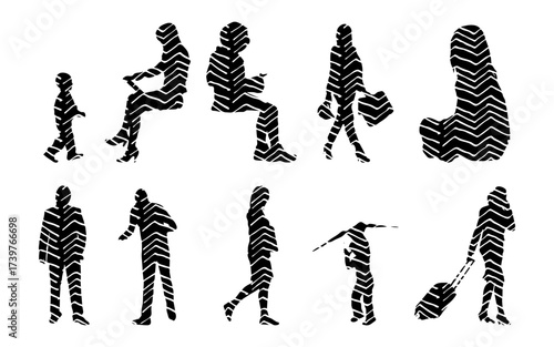 Vector illustration, Outline silhouettes of people, Contour drawing, people silhouette, Icon Set Isolated , Silhouette of sitting people, Architectural set