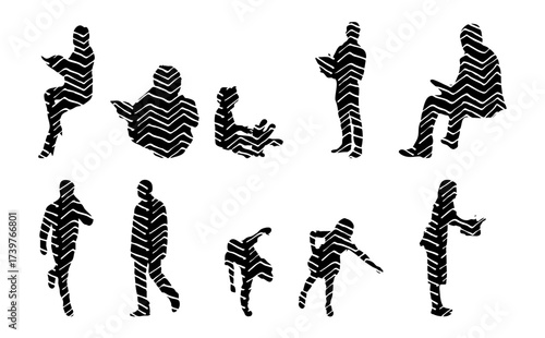 Vector illustration, Outline silhouettes of people, Contour drawing, people silhouette, Icon Set Isolated , Silhouette of sitting people, Architectural set