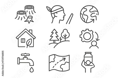 Environmental Line Icons. Line style icons of climate and environment studies: deforestation icon, native ecological knowledge,