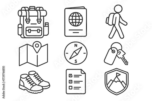 Solo Travel Icons. Line style icons of solo travel essentials: backpack with gear, travel passport, solo traveler figure, travel