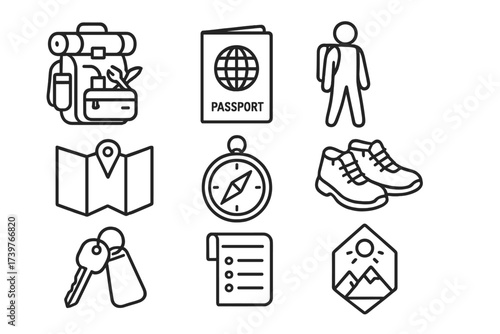 Solo Travel Icons. Line style icons of solo travel essentials: backpack with gear, travel passport, solo traveler figure, travel