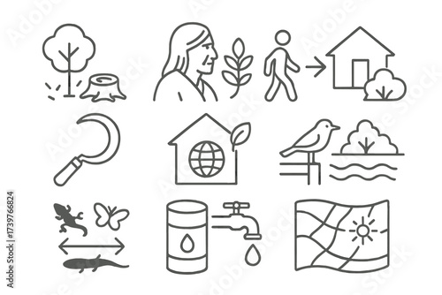 Environmental Line Icons. Line style icons of climate and environment studies: deforestation icon, native ecological knowledge,