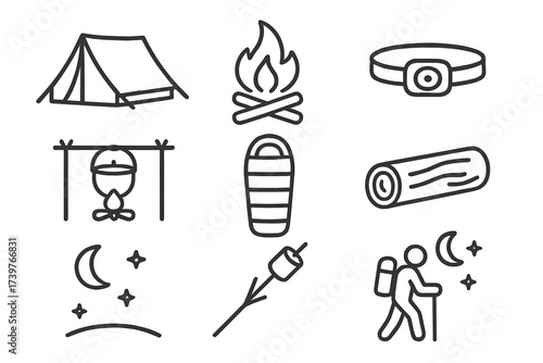 Solo Camping Icons. Line style icons of solo camping: solo tent icon, campfire setup, headlamp, cooking pot, sleeping bag, nature