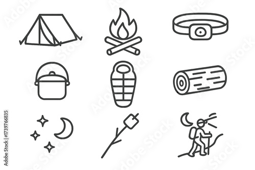 Solo Camping Icons. Line style icons of solo camping: solo tent icon, campfire setup, headlamp, cooking pot, sleeping bag, nature